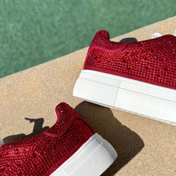 NEW🔥 Sparkling Red Rhinestone Crystal Embellished Lace Up Flat Platform Sneaker - Picture 7 of 8